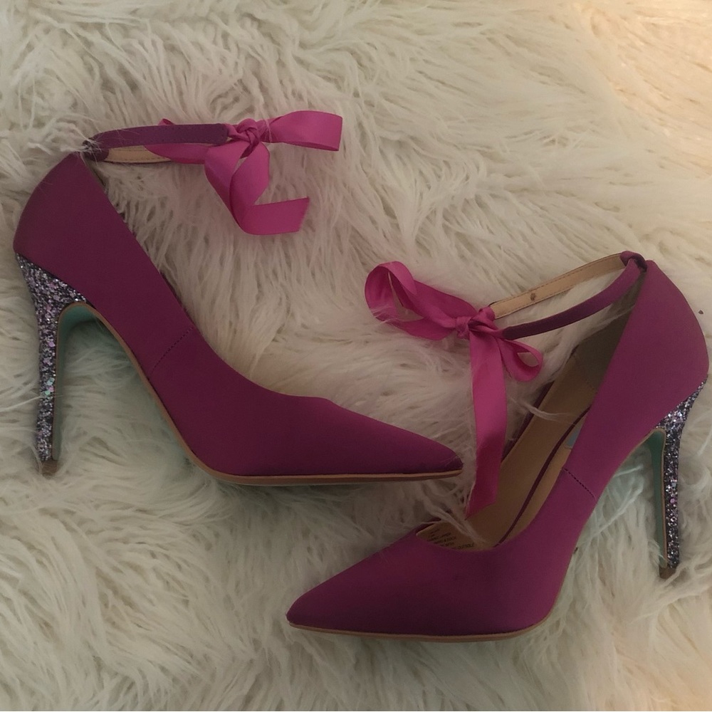 Betsey Johnson Fuchsia Satin Pointy Toe Glitter Heels with Ribbon Tie at Ankle